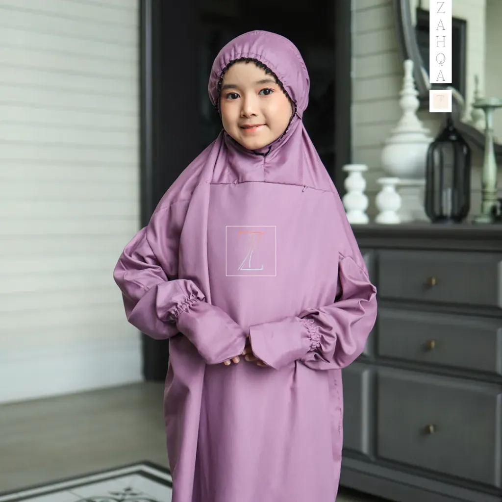 ZAHQA - Mukena Terusan Anak SD 1-3 Abaya Hadramaut Katun Micro Premium Polos Renda Gipper Atiqa