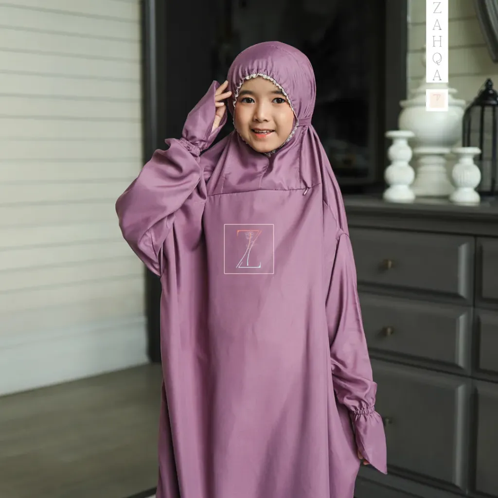ZAHQA - Mukena Terusan Anak SD 1-3 Abaya Hadramaut Katun Micro Premium Polos Renda Gipper Atiqa