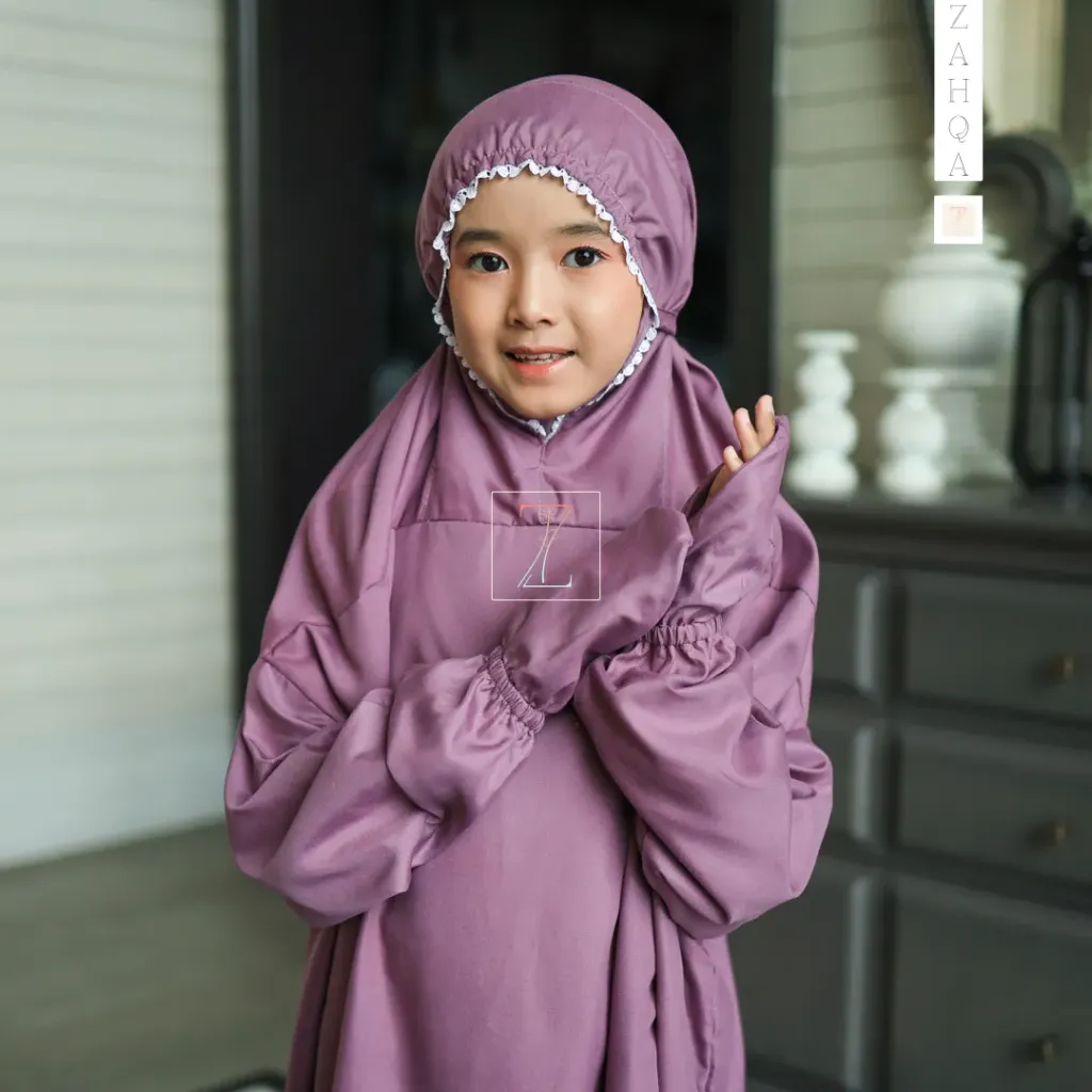 ZAHQA - Mukena Terusan Anak SD 1-3 Abaya Hadramaut Katun Micro Premium Polos Renda Gipper Atiqa