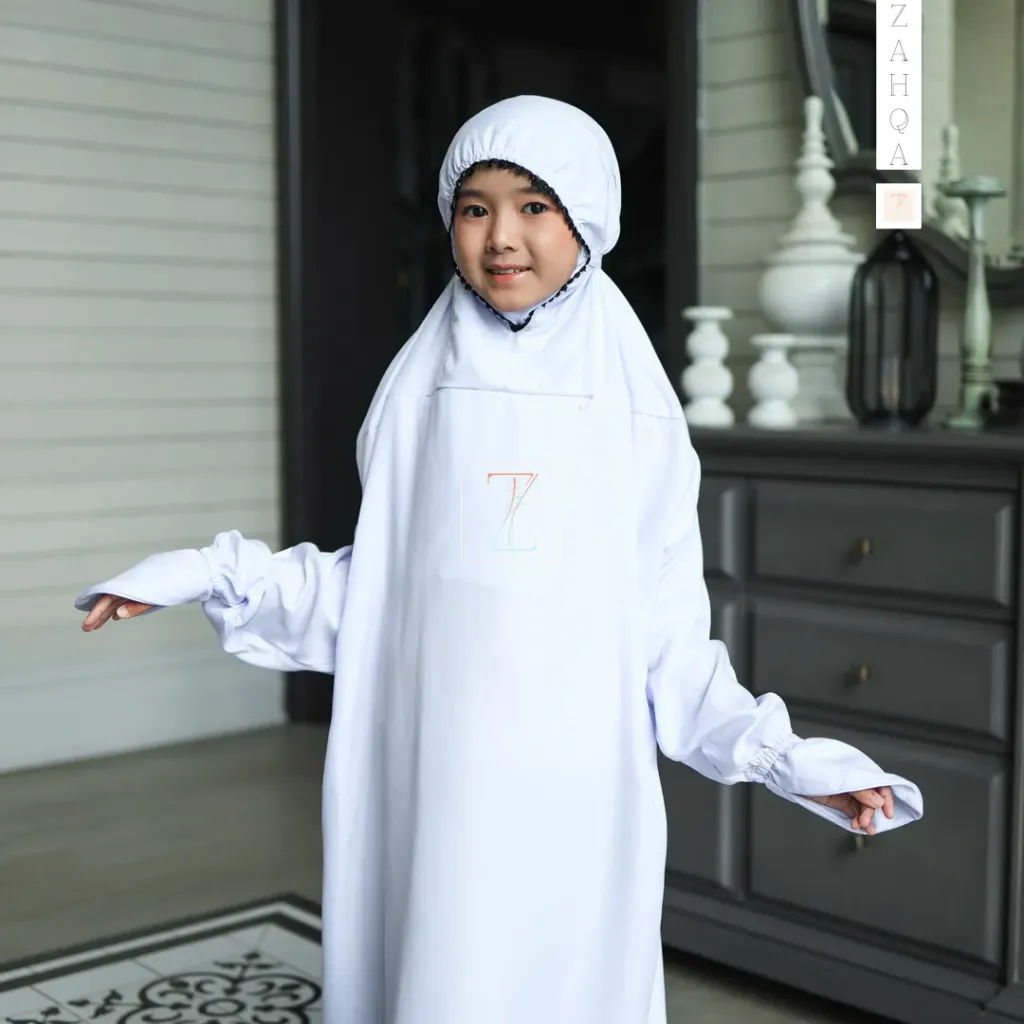 ZAHQA - Mukena Terusan Anak SD 1-3 Abaya Hadramaut Katun Micro Premium Polos Renda Gipper Atiqa