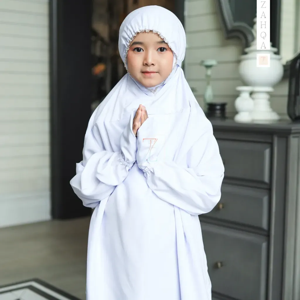ZAHQA - Mukena Terusan Anak SD 1-3 Abaya Hadramaut Katun Micro Premium Polos Renda Gipper Atiqa