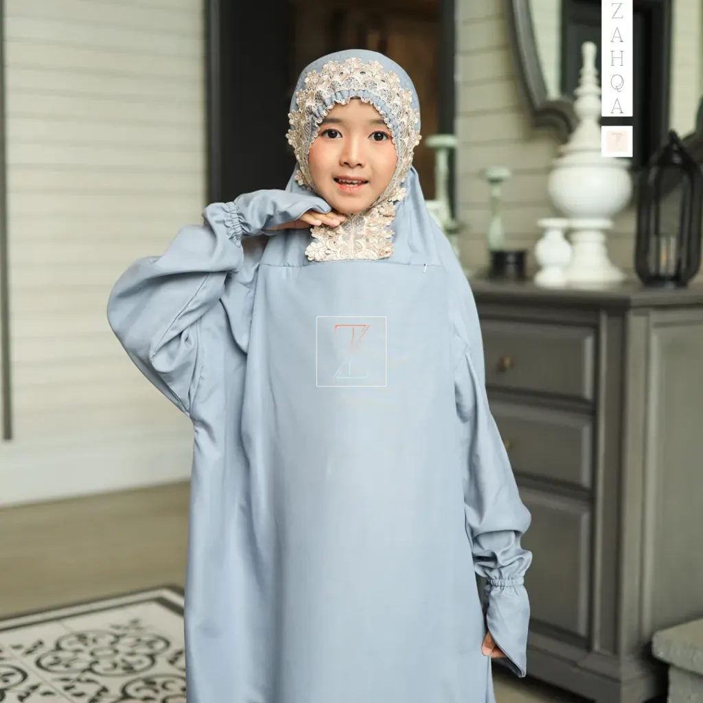ZAHQA - Mukena Terusan Anak SD 1-3 Abaya Hadramaut Katun Micro Premium Polos Renda Gipper Qisya