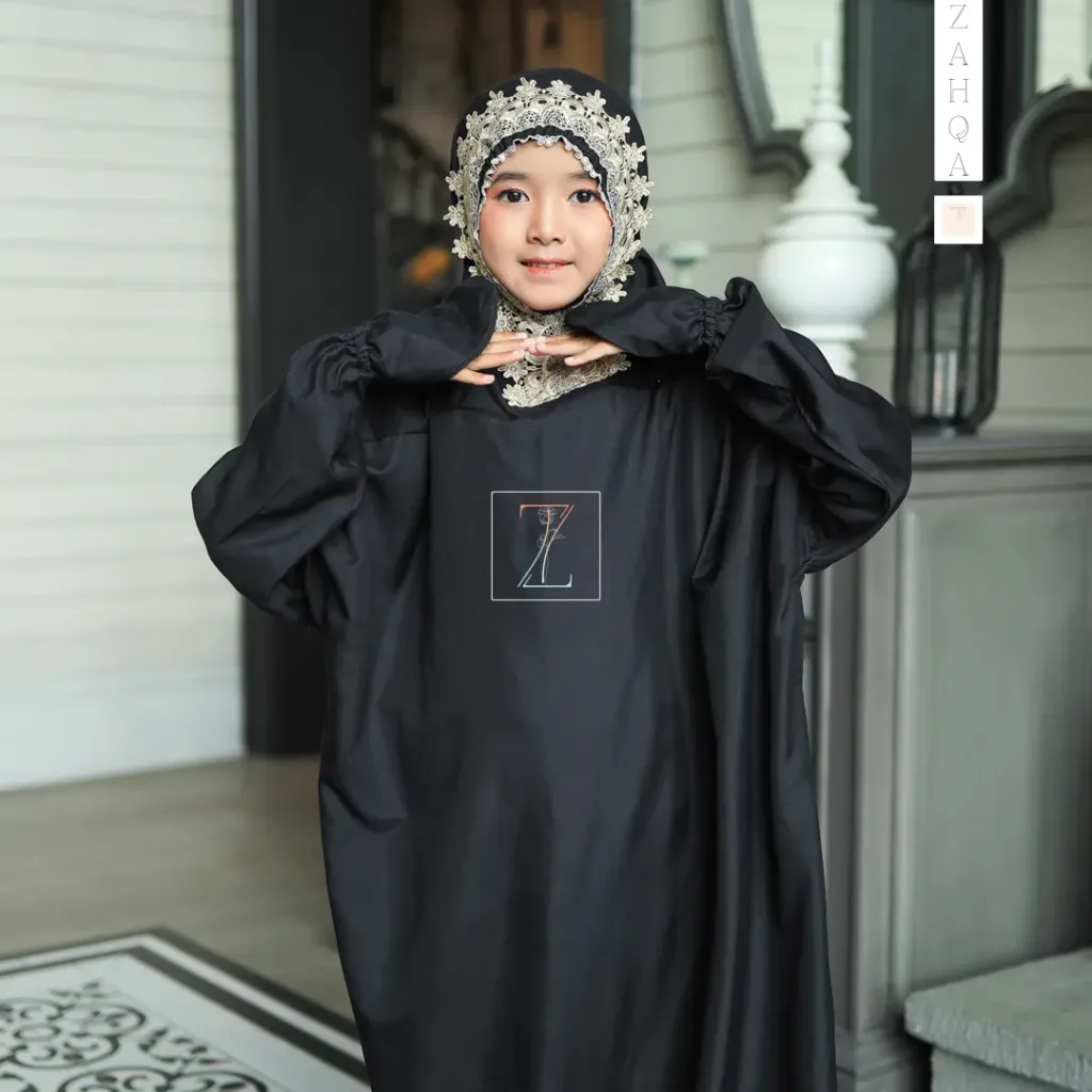 ZAHQA - Mukena Terusan Anak SD 1-3 Abaya Hadramaut Katun Micro Premium Polos Renda Gipper Qisya