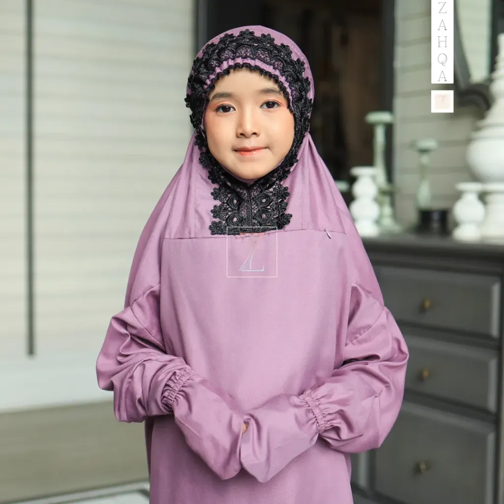 ZAHQA - Mukena Terusan Anak SD 1-3 Abaya Hadramaut Katun Micro Premium Polos Renda Gipper Qisya