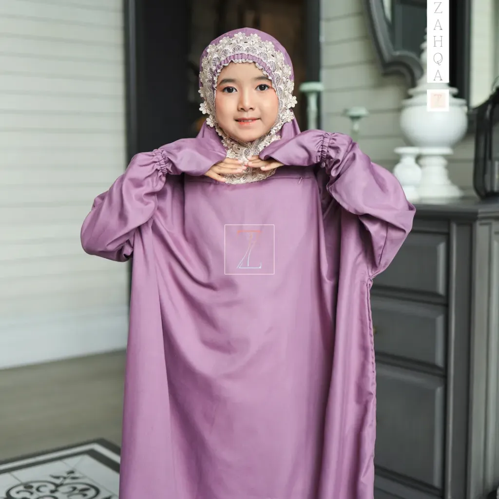 ZAHQA - Mukena Terusan Anak SD 1-3 Abaya Hadramaut Katun Micro Premium Polos Renda Gipper Qisya