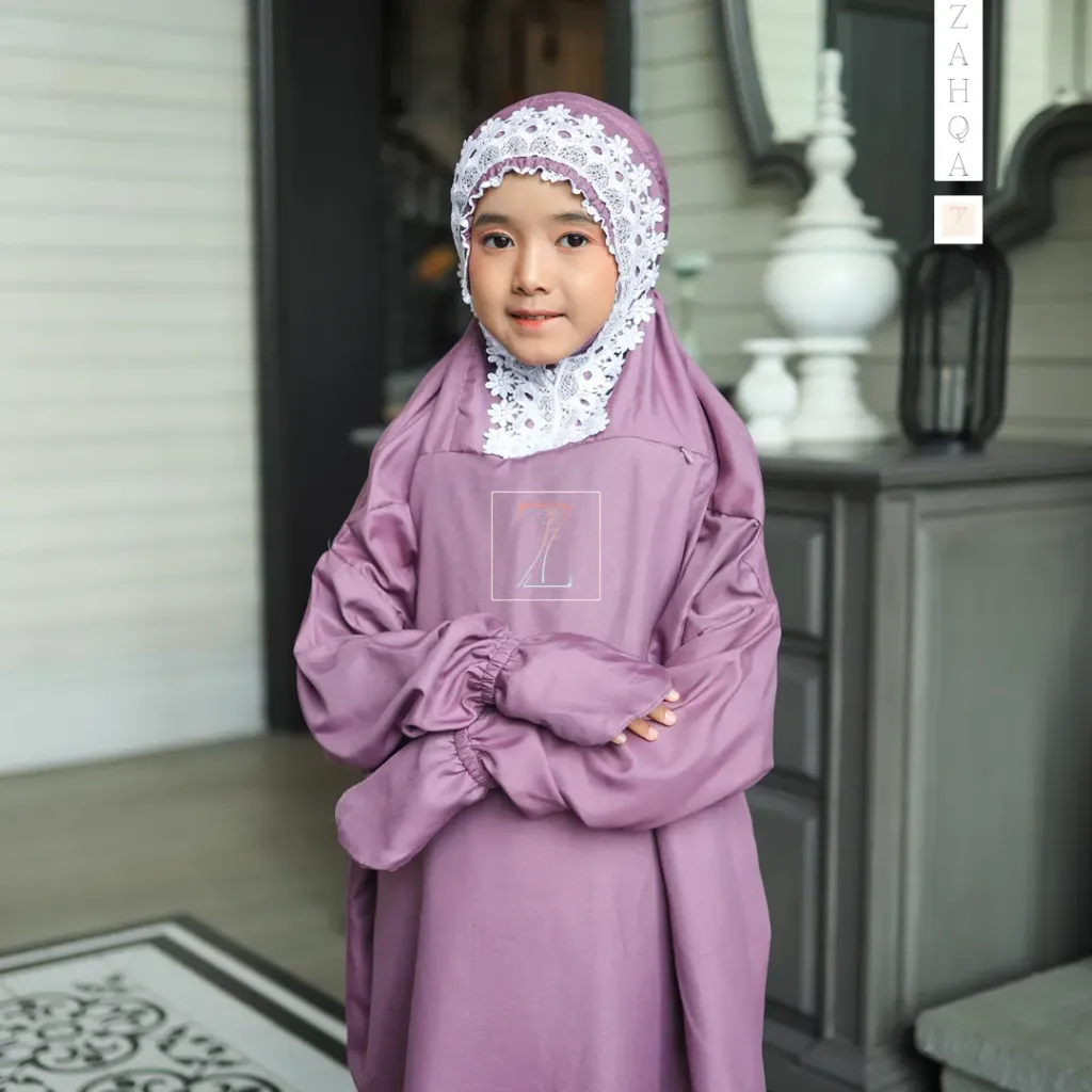 ZAHQA - Mukena Terusan Anak SD 1-3 Abaya Hadramaut Katun Micro Premium Polos Renda Gipper Qisya