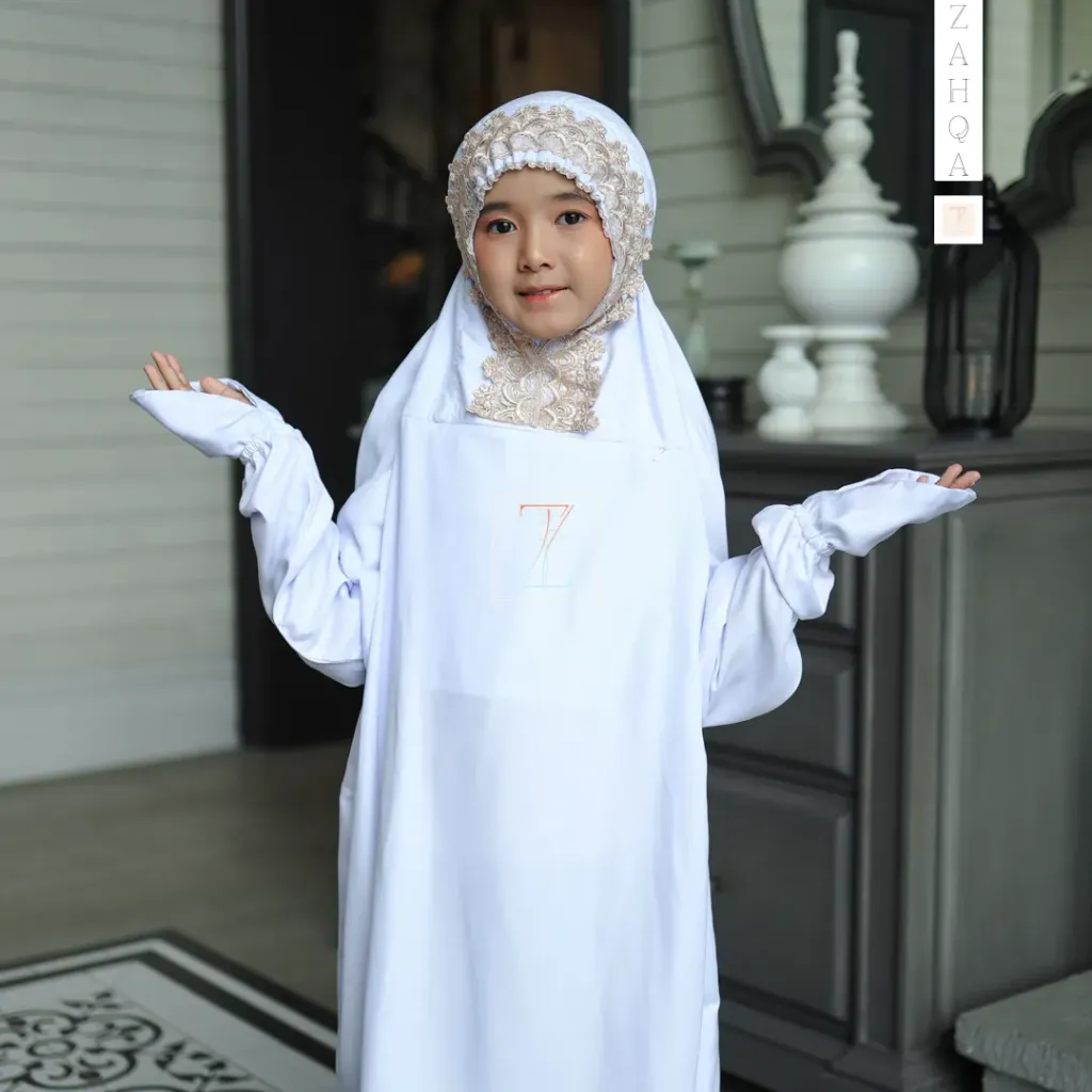 ZAHQA - Mukena Terusan Anak SD 1-3 Abaya Hadramaut Katun Micro Premium Polos Renda Gipper Qisya