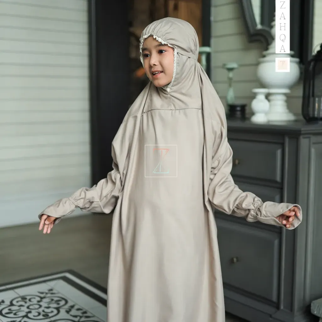 ZAHQA - Mukena Terusan Anak Remaja SD 4-6 Abaya Hadramaut Katun Micro Premium Polos Renda Gipper Hayati