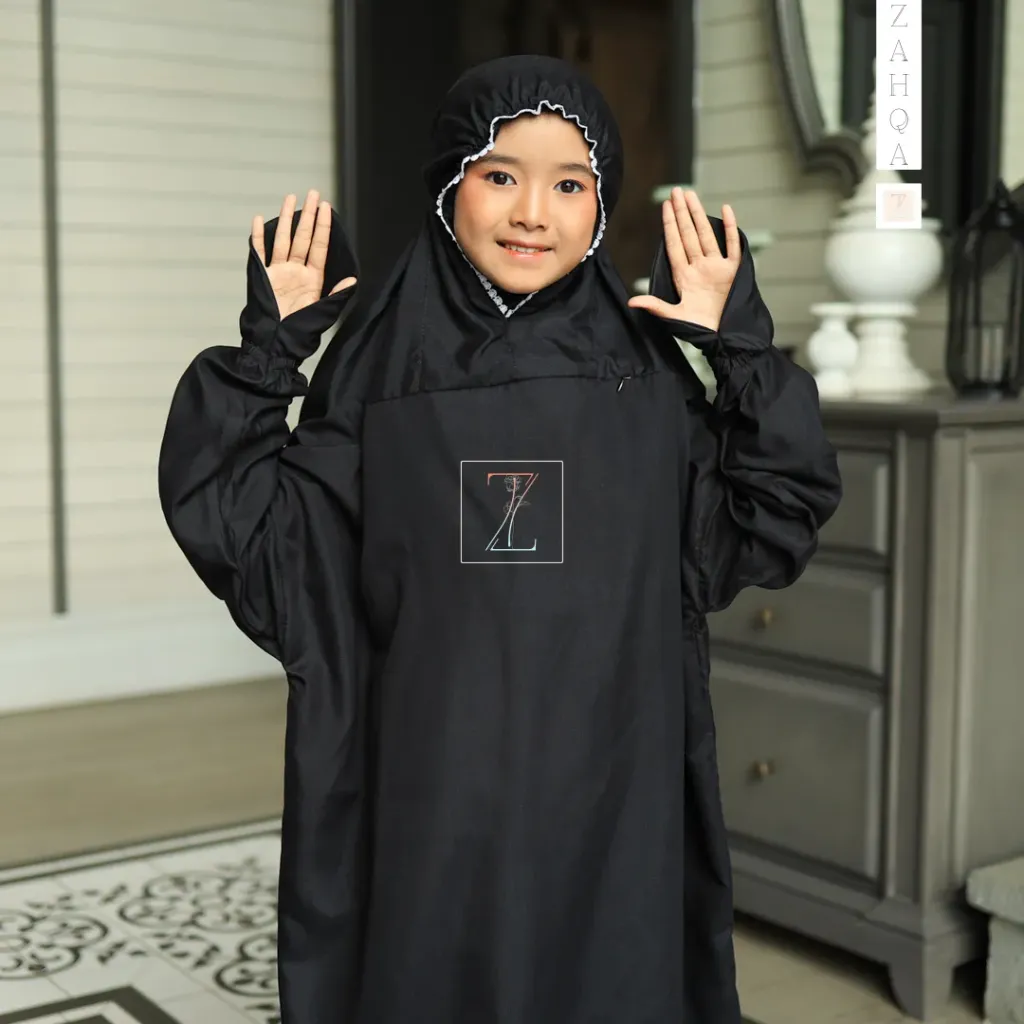 ZAHQA - Mukena Terusan Anak Remaja SD 4-6 Abaya Hadramaut Katun Micro Premium Polos Renda Gipper Hayati