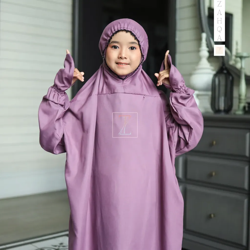 ZAHQA - Mukena Terusan Anak Remaja SD 4-6 Abaya Hadramaut Katun Micro Premium Polos Renda Gipper Hayati