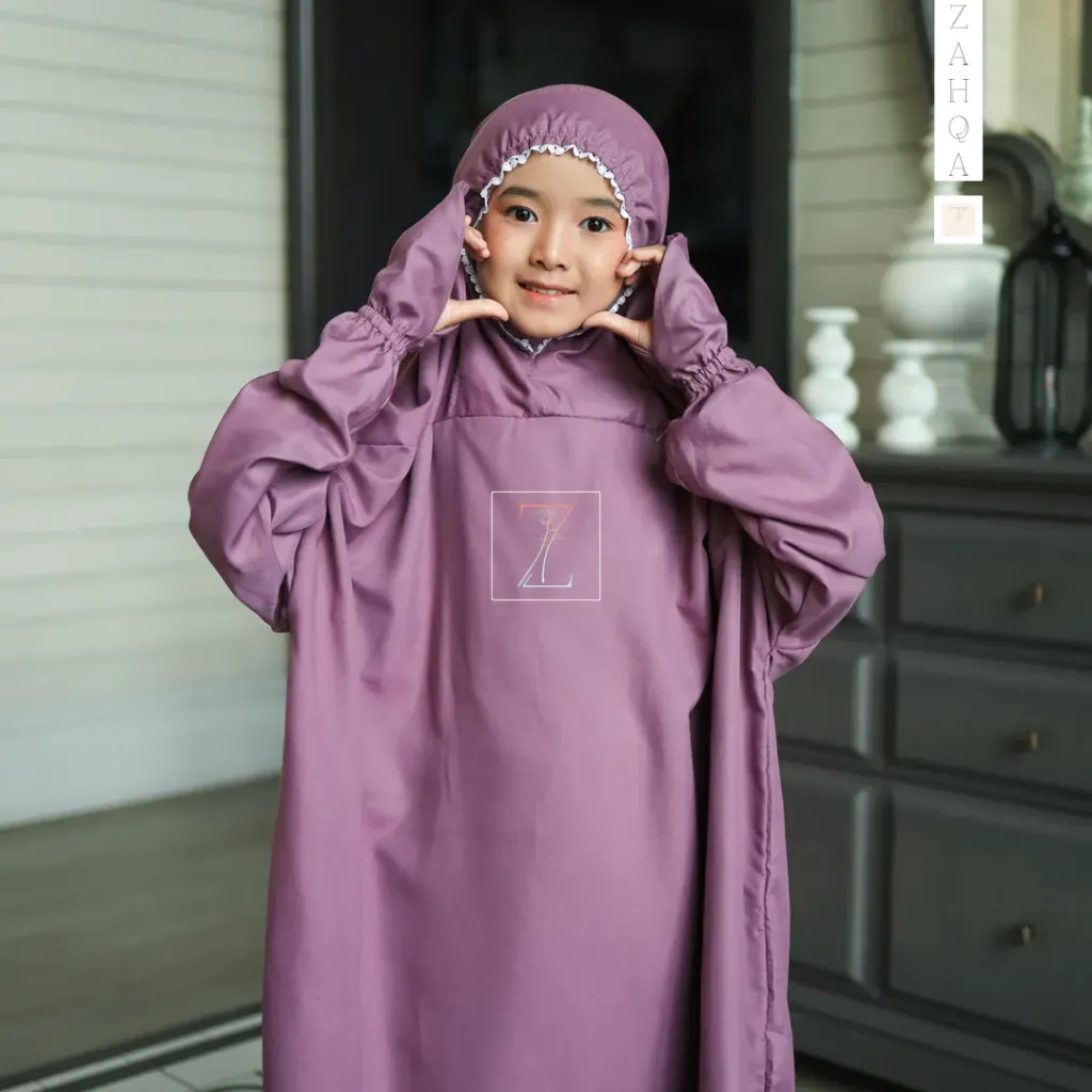 ZAHQA - Mukena Terusan Anak Remaja SD 4-6 Abaya Hadramaut Katun Micro Premium Polos Renda Gipper Hayati