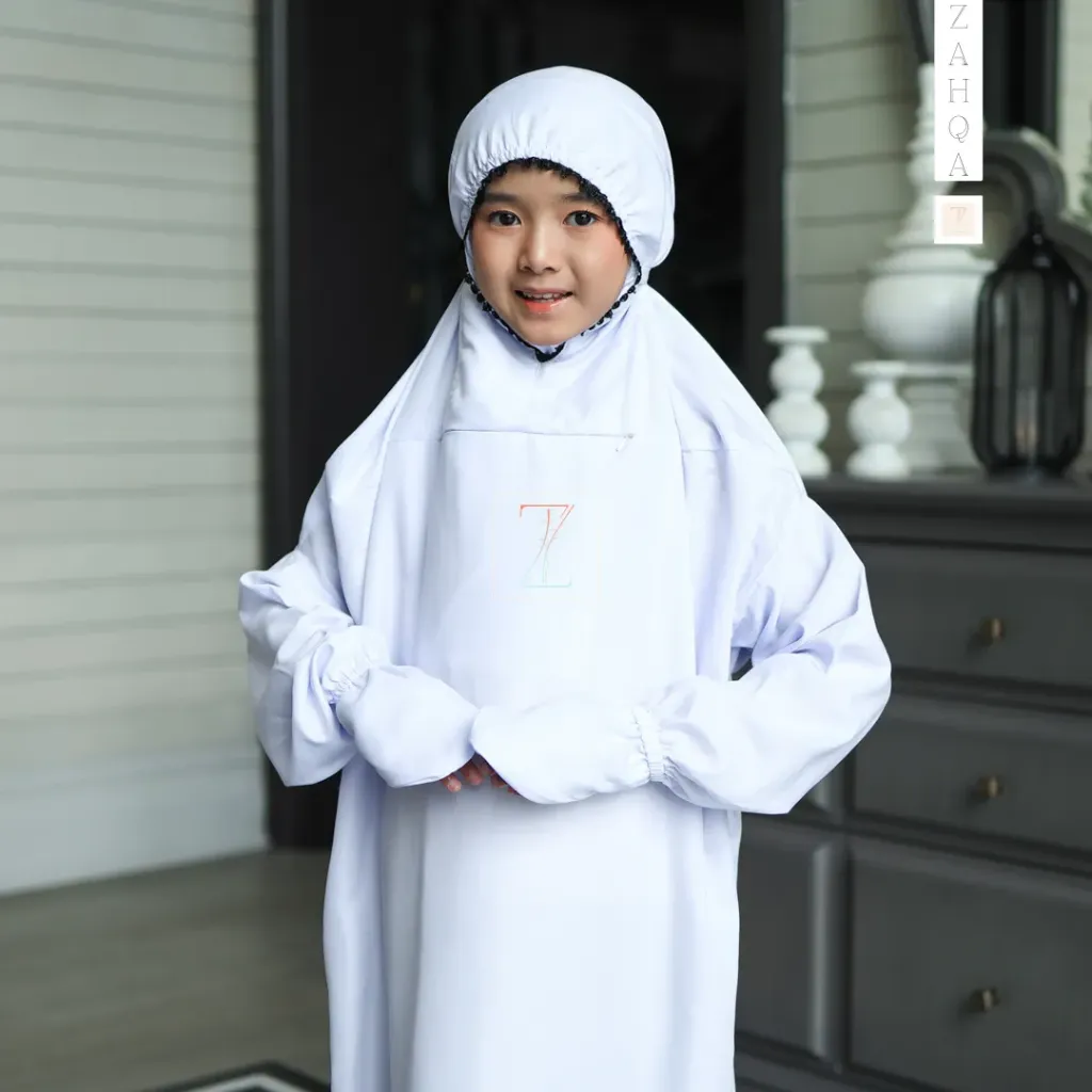 ZAHQA - Mukena Terusan Anak Remaja SD 4-6 Abaya Hadramaut Katun Micro Premium Polos Renda Gipper Hayati