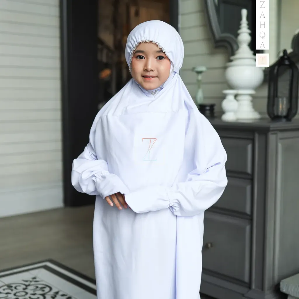 ZAHQA - Mukena Terusan Anak Remaja SD 4-6 Abaya Hadramaut Katun Micro Premium Polos Renda Gipper Hayati