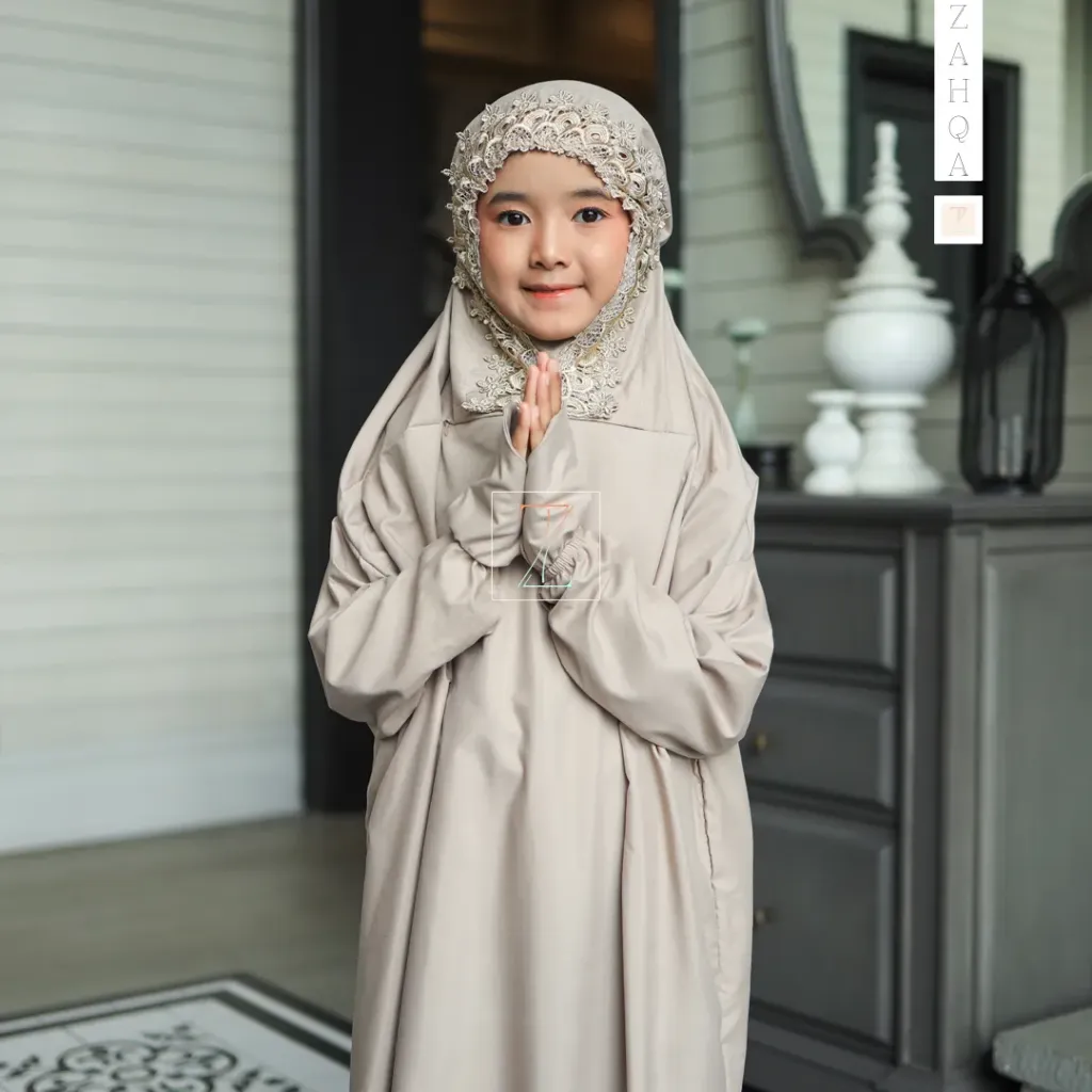 ZAHQA - Mukena Terusan Anak Remaja SD 4-6 Abaya Hadramaut Katun Micro Premium Polos Renda Gipper Kiffa