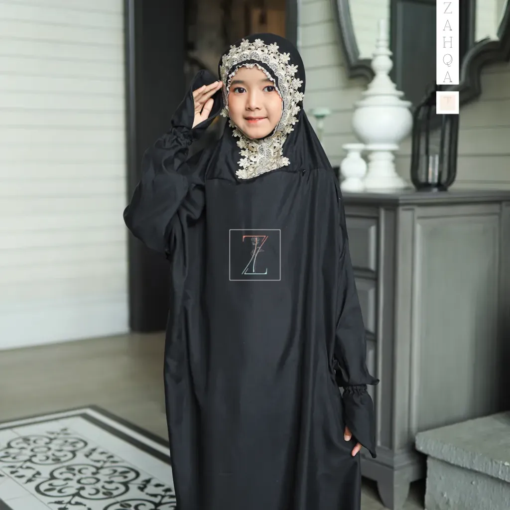 ZAHQA - Mukena Terusan Anak Remaja SD 4-6 Abaya Hadramaut Katun Micro Premium Polos Renda Gipper Kiffa