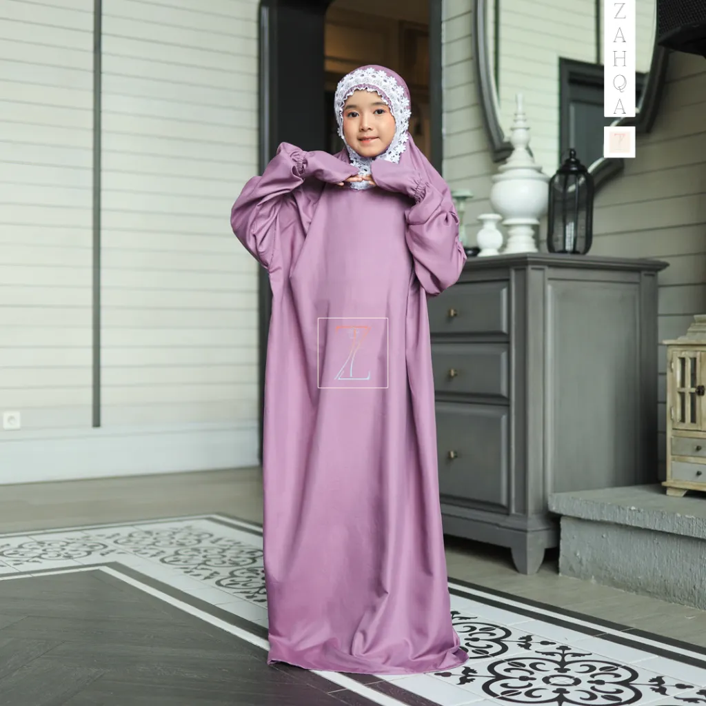 ZAHQA - Mukena Terusan Anak Remaja SD 4-6 Abaya Hadramaut Katun Micro Premium Polos Renda Gipper Kiffa