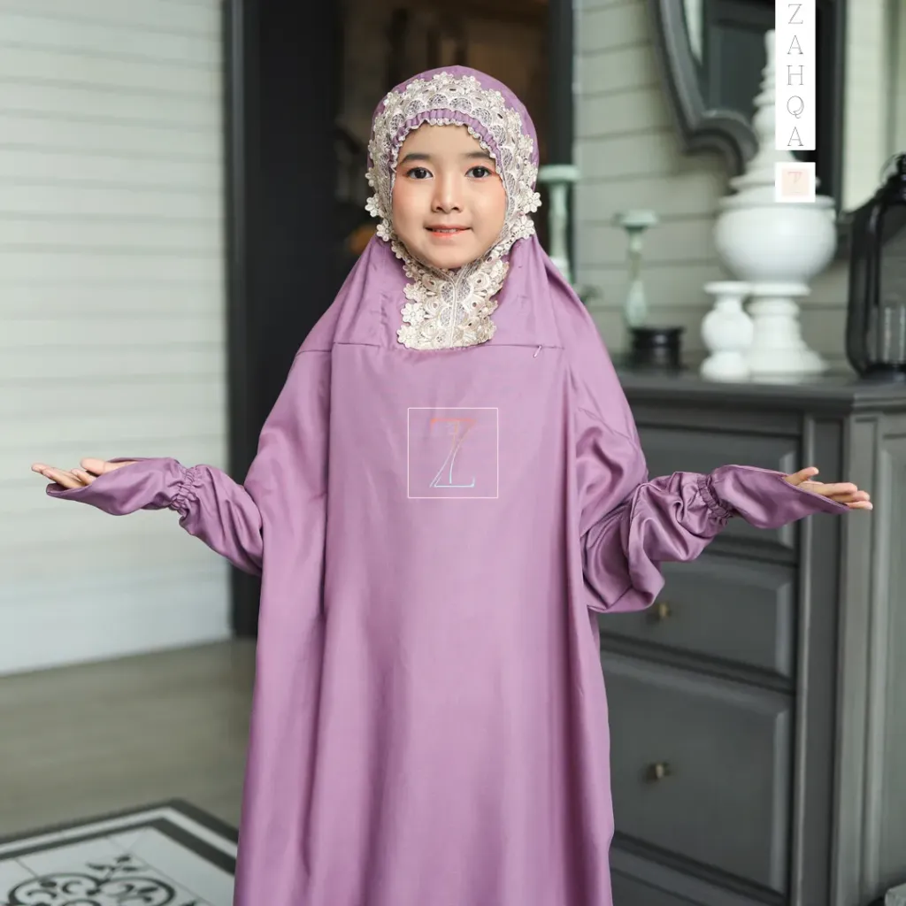 ZAHQA - Mukena Terusan Anak Remaja SD 4-6 Abaya Hadramaut Katun Micro Premium Polos Renda Gipper Kiffa
