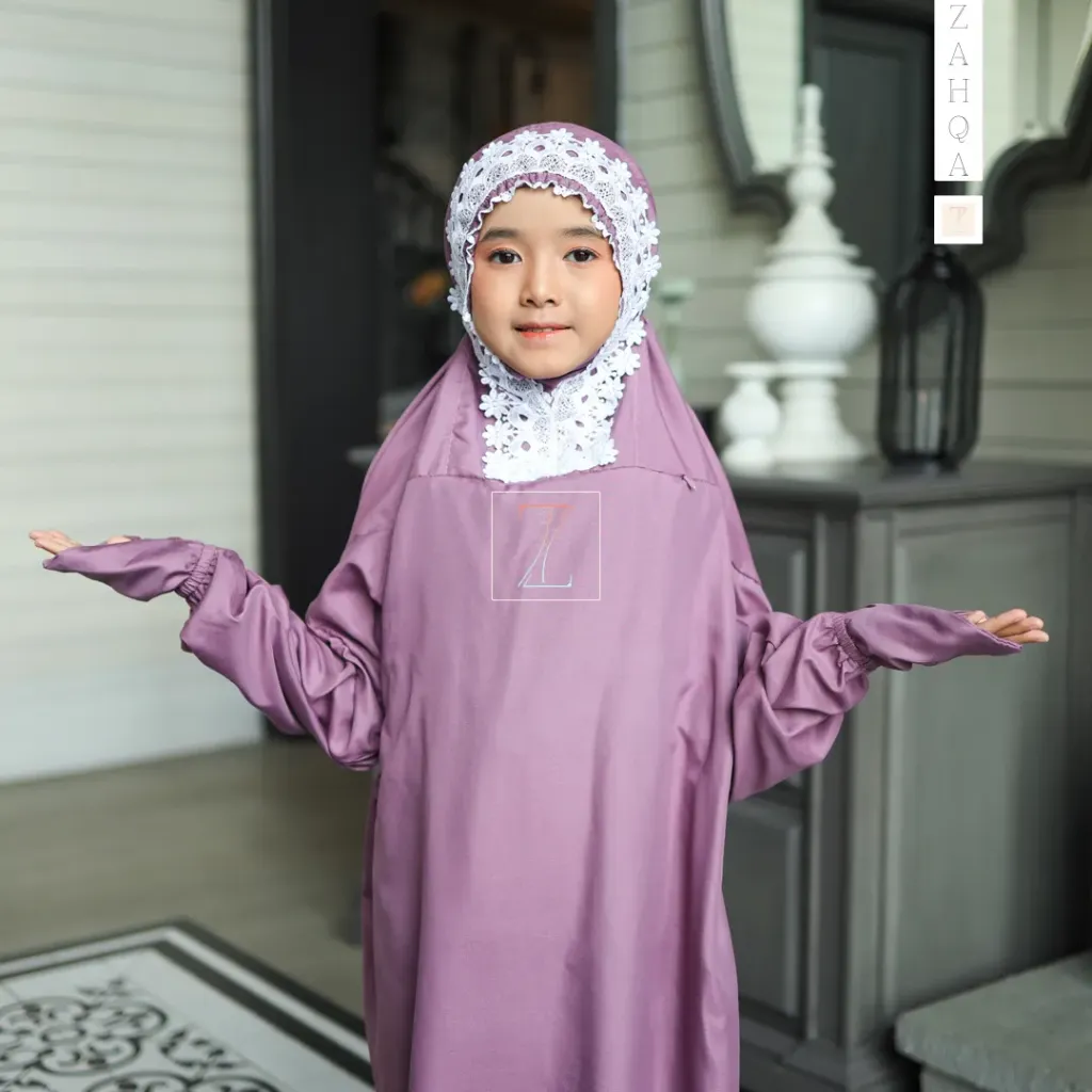 ZAHQA - Mukena Terusan Anak Remaja SD 4-6 Abaya Hadramaut Katun Micro Premium Polos Renda Gipper Kiffa