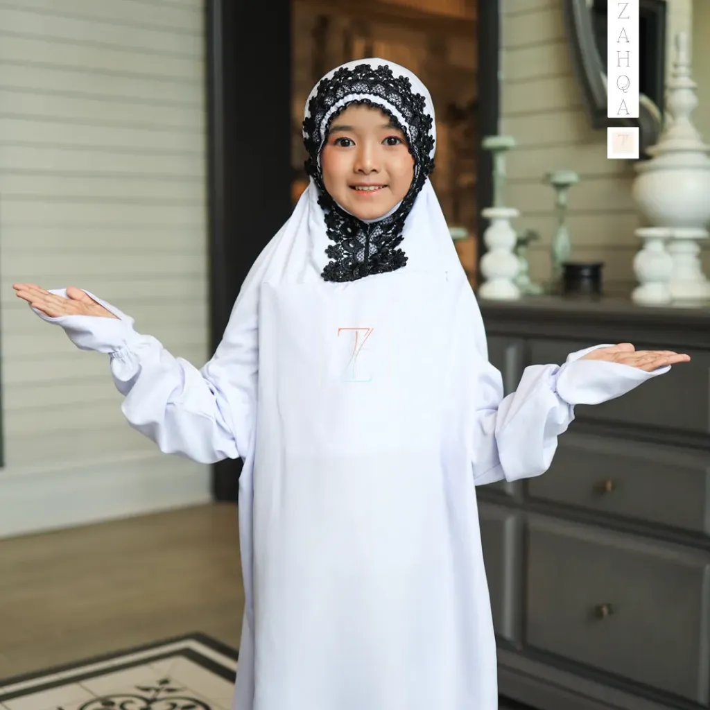 ZAHQA - Mukena Terusan Anak Remaja SD 4-6 Abaya Hadramaut Katun Micro Premium Polos Renda Gipper Kiffa