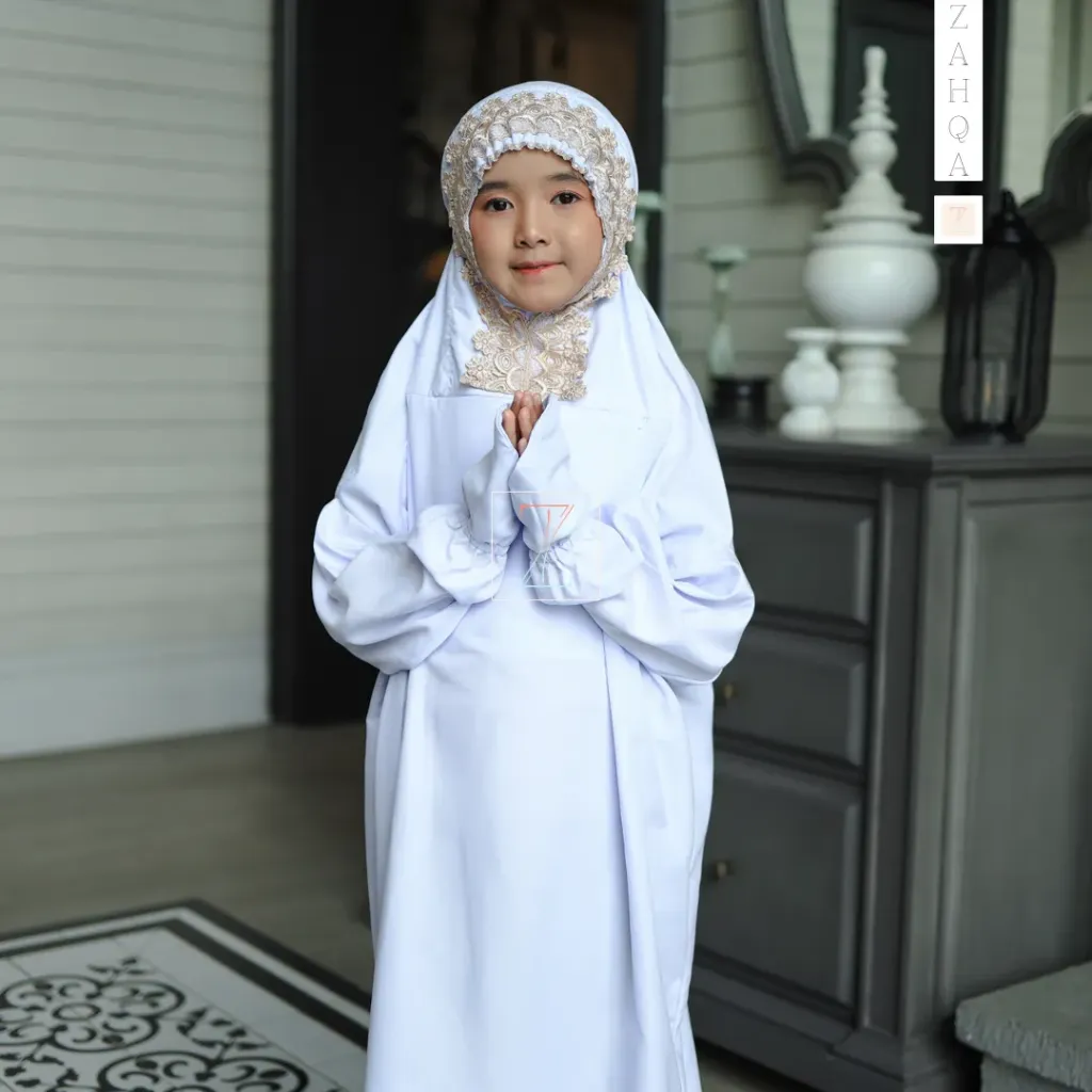 ZAHQA - Mukena Terusan Anak Remaja SD 4-6 Abaya Hadramaut Katun Micro Premium Polos Renda Gipper Kiffa